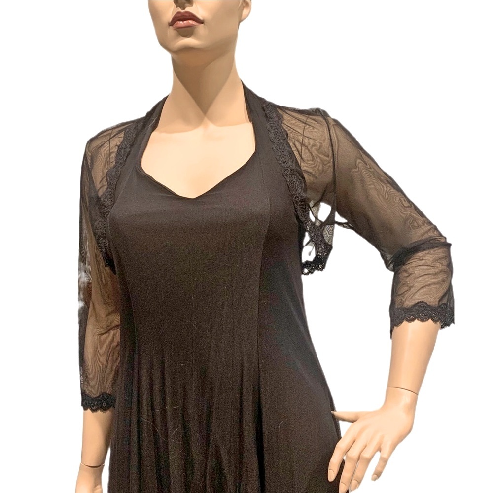 Igigi Halter Gown & Shrug Size 14/16 Sheer Black on Black, Lace Trim Hi-Lo Dress